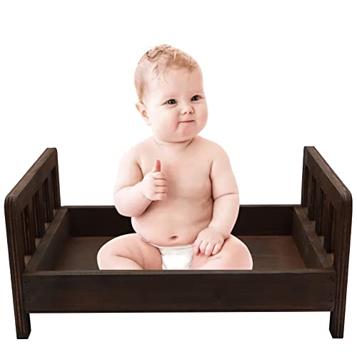 SPOOKI Newborn Photography Props Bed，0-2 Months Brown Wooden Posing Baby Photoshoot Props Bed, Boys Girls Doll Bed Studio Props with Box for Newborn Photoshoot (A)