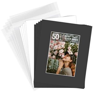 golden state art, pack of 50 8×10 black picture mat mattes with white core bevel cut for 5×7 photo + backing + bags