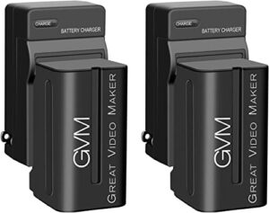 gvm 2 pack np-f750 replacement batteries and chargers for np-f975, np-f960, np-f950, np-f930, np-f770, np-f750, np-f550, dcr, dsr, hdr, fdr, hvr, hvl and led light