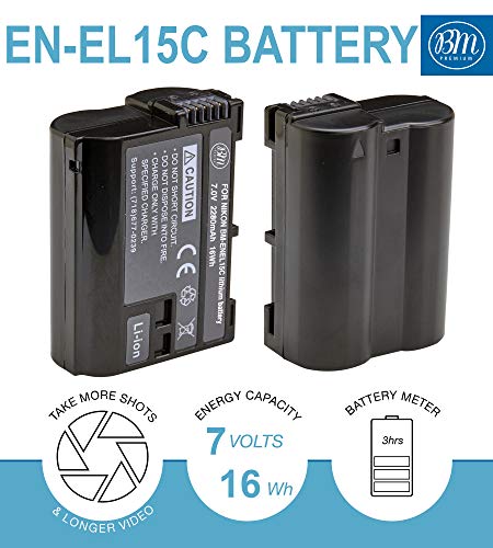 BM Premium 2 Pack of EN-EL15C High Capacity Batteries and Charger for Nikon Z5, Z6, Z6 II, Z7, Z7II D780, D850, D7500, D500, D600, D610, D750, D800, D800E, D810, D810A, D7000, D7100, D7200 Cameras