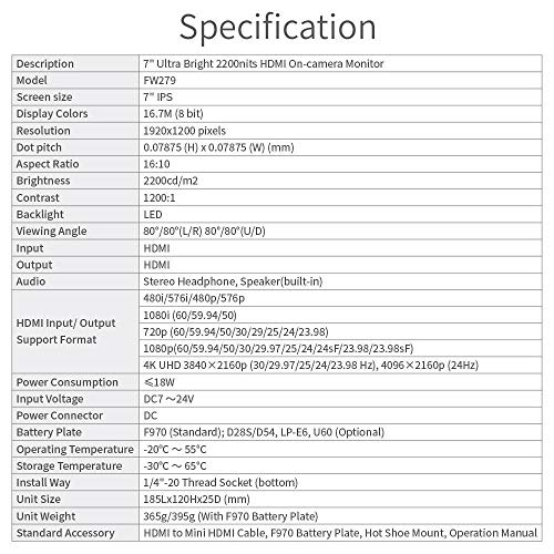 FEELWORLD FW279 7 Inch 2200nit Ultra Bright DSLR Camera Field Monitor High Brightness Sunlight Viewable Full HD 1920x1200 4K HDMI Input Output