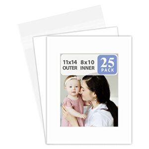 golden state art, pack of 25, 11×14 white picture mat set – fit 8×10 photos/prints – acid free bevel pre-cut white core mattes – with 25 backing board & clear bags