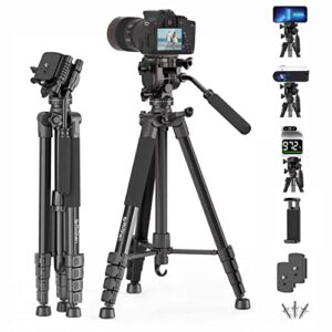 smvchen 74.8″camera tripod with fluid head phone clip 2 quick release plate 3 metal feet for dslr camera video camera panoramic camera sports camera projectors telescopes and iphone14 max load 11 lbs