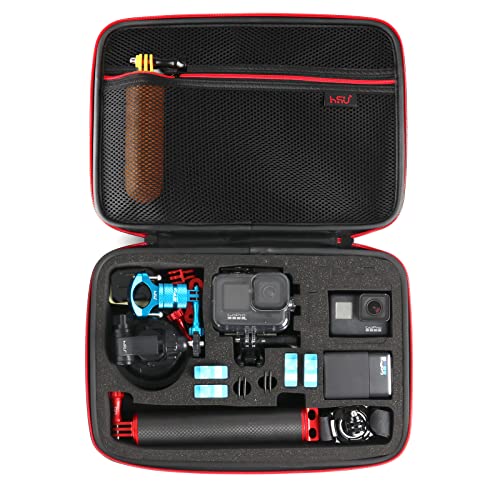 HSU Large Carrying Case for GoPro Hero 11,10,9, Hero 8,7,6,5,4,3 and Accessories, DJI Osmo Action,AKASO,Campark,YI Action Camera and More (Upgrade Sponge Precut Slots)(Red)