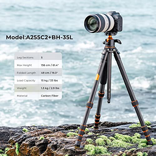 K&F Concept 62-inch Carbon Fiber Camera Tripod,Portable Compact Tripods with Detachable Monopod,360° Metal Ball Head 15KG/33lbs Load Capacity with Quick Release Plate for Travel and Work A255C2+BH-35L