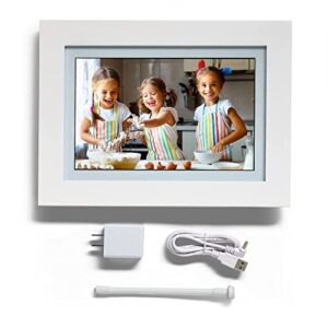 photospring 10in wifi digital picture frame, family can send photos from anywhere via email, app, or web, easy touchscreen setup, 1280×800 display, plays videos, white