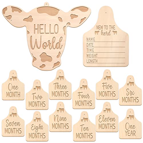 Huray Rayho Cow Baby Monthly Milestone Cards Rustic Wooden Herd Cattle Newborn Photography Props to Record Your Baby´s Growth, Gift Set of 14 Reversible Cards for Pregnancy and Baby Shower