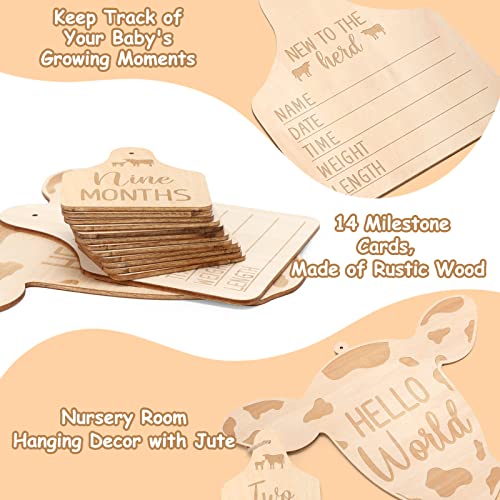 Huray Rayho Cow Baby Monthly Milestone Cards Rustic Wooden Herd Cattle Newborn Photography Props to Record Your Baby´s Growth, Gift Set of 14 Reversible Cards for Pregnancy and Baby Shower