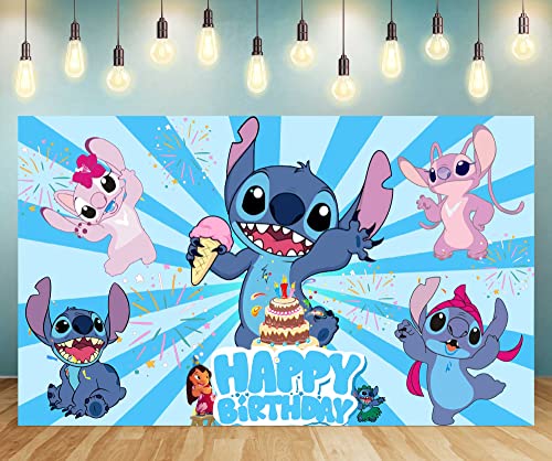 5x3ft Stitch Birthday Party Backdrops Supplies, Cute Little Monster Theme Birthday Party Favors Photography Background Banner for Kids Boys Girls Baby Shower Party Decoration