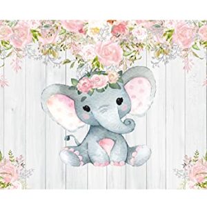 Allenjoy Rustic White Wood Elephant Backdrop Supplies for Baby Shower Pink Floral It's a Girl Newborn Kids Birthday Party Decorations Studio Cake Smash Candy Dessert Photography Banners Props