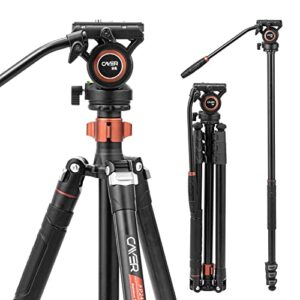 cayer fp2450 fluid head tripod, 75 inches aluminium tripod, 4-section compact camera tripod convertible to monopod for dslr camera, load capacity up to 13.2 pounds