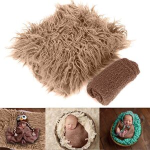 newborn photography props outfits baby photo props fluffy blanket ripple wrap 2pcs costume set photoshoot mat diy swaddle for baby boys girls – khaki