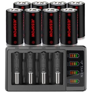jesspow cr123a rechargeable batteries 8 pack with charger, rcr123a lithium batteries [ 750mah 3.7v ] for arlo cameras (vmc3030/vmk3200/vms3330/3430/3530), flashlight