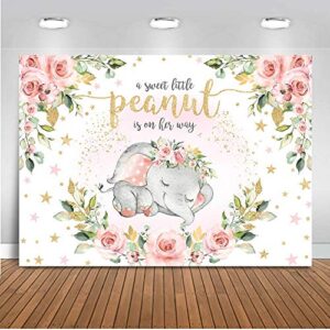 mocsicka baby girl elephant baby shower backdrop pink floral sweet little peanut is on her way photo backdrops cute elephant party cake table photography background (7x5ft)