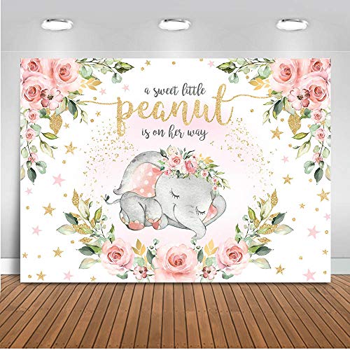 Mocsicka Baby Girl Elephant Baby Shower Backdrop Pink Floral Sweet Little Peanut is on Her Way Photo Backdrops Cute Elephant Party Cake Table Photography Background (7x5ft)