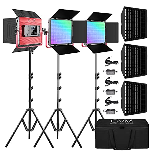 GVM 1200D PRO RGB LED Video Light with 3 Softboxes,50W Video Lighting Kit, 360°Full Color Led Video Lighting Kit with APP Control3 Packs Video Light, 3200K-5600K, Aluminum Alloy Shell, CRI 97