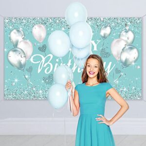 Teal Birthday Party Supplies Turquoise and Silver Birthday Backdrop Banners Turquoise Giltter Birthday Background for Women Girls Photography Birthday Photo Booth Teal Wall Decorations 5.9 x 3.6 Feet