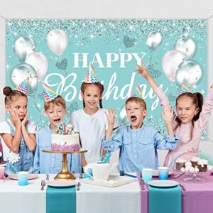 Teal Birthday Party Supplies Turquoise and Silver Birthday Backdrop Banners Turquoise Giltter Birthday Background for Women Girls Photography Birthday Photo Booth Teal Wall Decorations 5.9 x 3.6 Feet