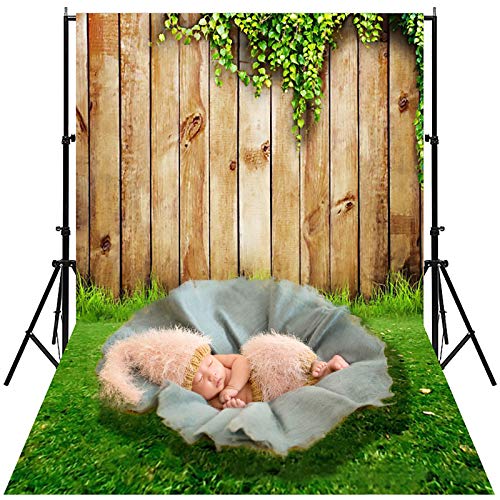 iProtech 5x7ft Vinyl Brown Wood with Green Grass Floor Photography Backdrop, Newborn Baby Shower Photographer Background Cloths, Kids 1st Birthday Photoshoot, Cake Smash Photo Booth Props(Brown Wood)