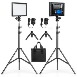 pixel led video light panel lighting kit, 2pack p20 3200k-5600k dimmable bi-color soft light with lcd display brightness and mini tripod for game/live stream/youtube/photography