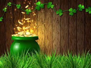 beleco 7x5ft fabric st. patrick’s day backdrop pot of gold coins wooden wall green lucky irish shamrock backdrops for photography holiday party supplies banner newborn baby kids photo background props