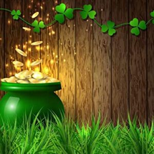 BELECO 7x5ft Fabric St. Patrick's Day Backdrop Pot of Gold Coins Wooden Wall Green Lucky Irish Shamrock Backdrops for Photography Holiday Party Supplies Banner Newborn Baby Kids Photo Background Props