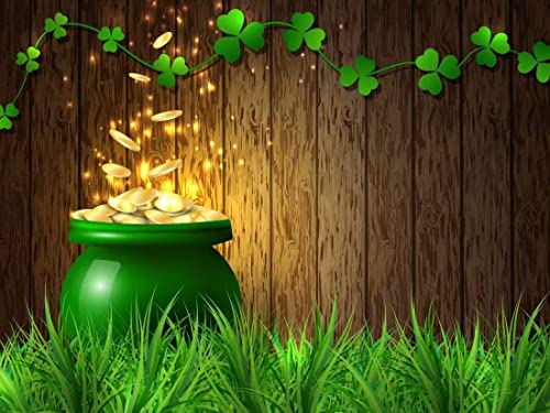 BELECO 7x5ft Fabric St. Patrick's Day Backdrop Pot of Gold Coins Wooden Wall Green Lucky Irish Shamrock Backdrops for Photography Holiday Party Supplies Banner Newborn Baby Kids Photo Background Props