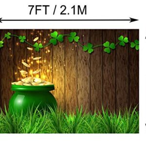 BELECO 7x5ft Fabric St. Patrick's Day Backdrop Pot of Gold Coins Wooden Wall Green Lucky Irish Shamrock Backdrops for Photography Holiday Party Supplies Banner Newborn Baby Kids Photo Background Props