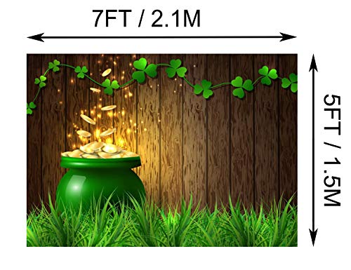 BELECO 7x5ft Fabric St. Patrick's Day Backdrop Pot of Gold Coins Wooden Wall Green Lucky Irish Shamrock Backdrops for Photography Holiday Party Supplies Banner Newborn Baby Kids Photo Background Props