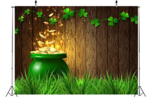 BELECO 7x5ft Fabric St. Patrick's Day Backdrop Pot of Gold Coins Wooden Wall Green Lucky Irish Shamrock Backdrops for Photography Holiday Party Supplies Banner Newborn Baby Kids Photo Background Props