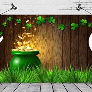 BELECO 7x5ft Fabric St. Patrick's Day Backdrop Pot of Gold Coins Wooden Wall Green Lucky Irish Shamrock Backdrops for Photography Holiday Party Supplies Banner Newborn Baby Kids Photo Background Props