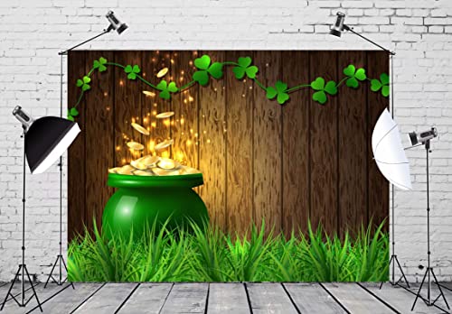 BELECO 7x5ft Fabric St. Patrick's Day Backdrop Pot of Gold Coins Wooden Wall Green Lucky Irish Shamrock Backdrops for Photography Holiday Party Supplies Banner Newborn Baby Kids Photo Background Props