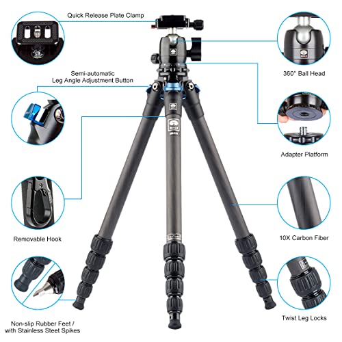 SIRUI AM-225 Camera Tripod Carbon Fiber Tripod 5-Sections Travel Lightweight Small Tripod with B-00K Ball Head