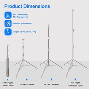 EMART 9.2ft/2.8m Stainless Steel Light Stand, Spring Cushioned Heavy Duty Tripod Stand with 1/4" to 3/8" Universal Adapter for Studio Softbox, Monolight, Umbrella, Reflector, Strobe Light, Photography