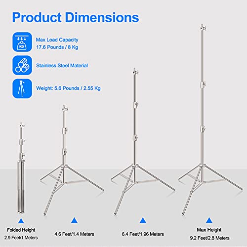 EMART 9.2ft/2.8m Stainless Steel Light Stand, Spring Cushioned Heavy Duty Tripod Stand with 1/4" to 3/8" Universal Adapter for Studio Softbox, Monolight, Umbrella, Reflector, Strobe Light, Photography