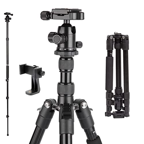 Alwayside Camera Tripod with Phone Holder and Bag, Aluminum Travel Tripod for Camera, DSLR Camema Tripod, Compact Professional Camera Tripod Monopod with 360 Panorama Ball Head, 1/4 QR Plate