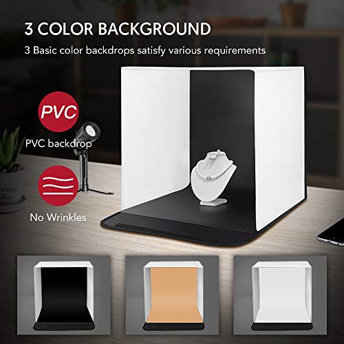 Photo Studio Light Box, Mini LED Shooting Tent Kit 16x16x16” 6000K 8W Portable Table Top Lighting Shooting Tent Kit Foldable Cube with 2x20 LED Lights 3 Color Backdrops