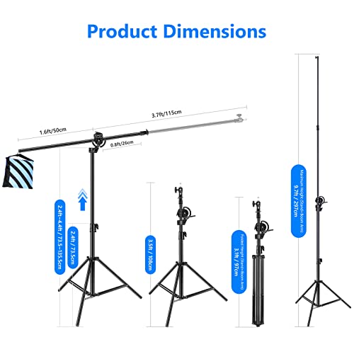 Neewer 2-in-1 Photography Light Stand, Aluminum Alloy 9.7ft Heavy Duty Tripod Stand with 3.8ft Boom Arm and Empty Sandbag for Video Light, Strobe, Reflector, Softbox for Studio Photo Video Shooting