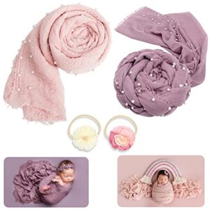 4 PCS Newborn Photography Props Wrap Knit Handmade Pearl Decor Wrap Blanket Swaddle Baby Photo Props Baby Photoshoot Props Prop 2PCS Newborn Photography Wraps + 2PCS Headband(Snow Powder/Purple Gray)