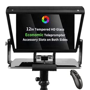 iloknzi aluminum teleprompter 12.1in with free app control, bluetooth remote control & carry case, portable without assembly, compatible with ipad/android tablet, phone, dslr camera (free stand base)