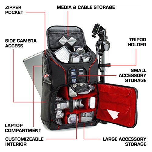 USA GEAR DSLR Camera Backpack Case - 15.6 inch Laptop Compartment, Padded Custom Dividers, Tripod Holder, Rain Cover, Long-Lasting Durability and Storage Pockets - Compatible with Many DSLRs (Red)