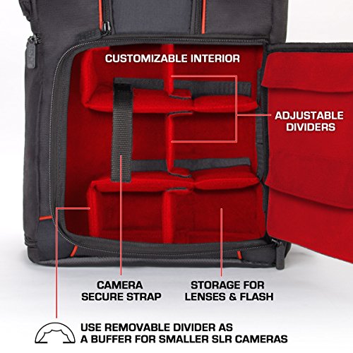 USA GEAR DSLR Camera Backpack Case - 15.6 inch Laptop Compartment, Padded Custom Dividers, Tripod Holder, Rain Cover, Long-Lasting Durability and Storage Pockets - Compatible with Many DSLRs (Red)