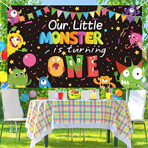 1st Birthday Monster Party Decoration Photography Backdrop Boys Girls Toddler First Birthday Cake Table Decor Banner Supplies for Baby Shower Decorations Photo Booth Props