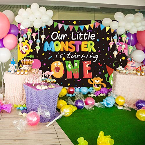 1st Birthday Monster Party Decoration Photography Backdrop Boys Girls Toddler First Birthday Cake Table Decor Banner Supplies for Baby Shower Decorations Photo Booth Props