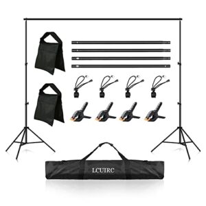 lcuirc photo backdrop stand, 6.5x10ft background stand kit with 4 crossbars, 4 spring clamps, 4 backdrop clips, 2 sandbags, and carrying bag for parties decoration