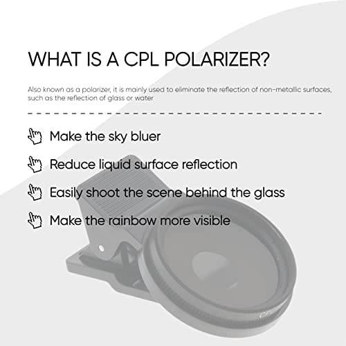 37mm CPL Polarizing Lens Filter, Portable Polarizer Camera Lens, Mobile Phone Clip Designed, Polarizer Lens Filter Improve Color Saturation and Contrast, for Eliminating or Reducing Light Spots