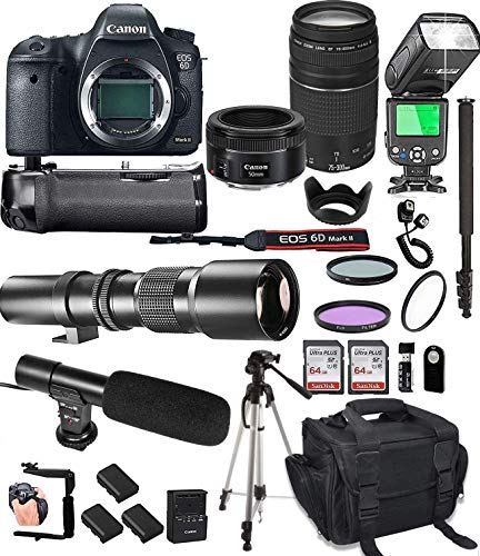 Canon EOS 6D Mark II with 50mm f/1.8 STM Prime + Tamron 70-300mm f/4-5.6 Di LD + 500mm Telephoto + 128GB Memory + Pro Battery Bundle + Power Grip + TTL Speed Light + Pro Filters,(25pc Bundle)