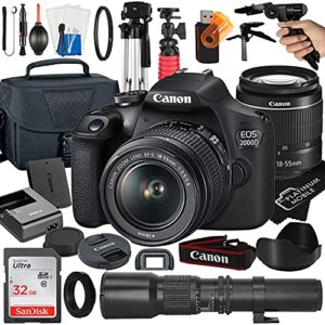 canon eos 2000d / rebel t7 dslr camera with ef-s 18-55mm + 500mm preset manual focus lens + sandisk 32gb card + tripod + case + megaaccessory bundle (23pc bundle) (renewed), black /multicolor