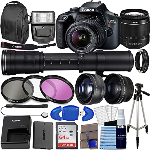 Camera EOS Rebel T100 / 4000D DSLR w/ 18-55mm Zoom Lens + 420-800mm Super Zoom Lens, Wide Angle Lens, Telephoto Lens, 64GB Memory, 3PC Filter Kit, Case, Tripod + More (31PC Bundle Kit)