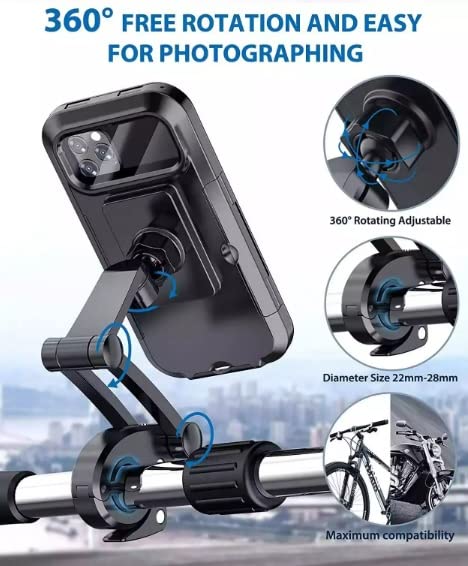 QXTEI Bike Phone Mount | Waterproof Cell Phone Holder for Bicycles & Motorcycles | 360° Rotation for Vertical & Horizontal View During Road Rides | Shock-Proof & Compatible with 4-6.5” Smartphones